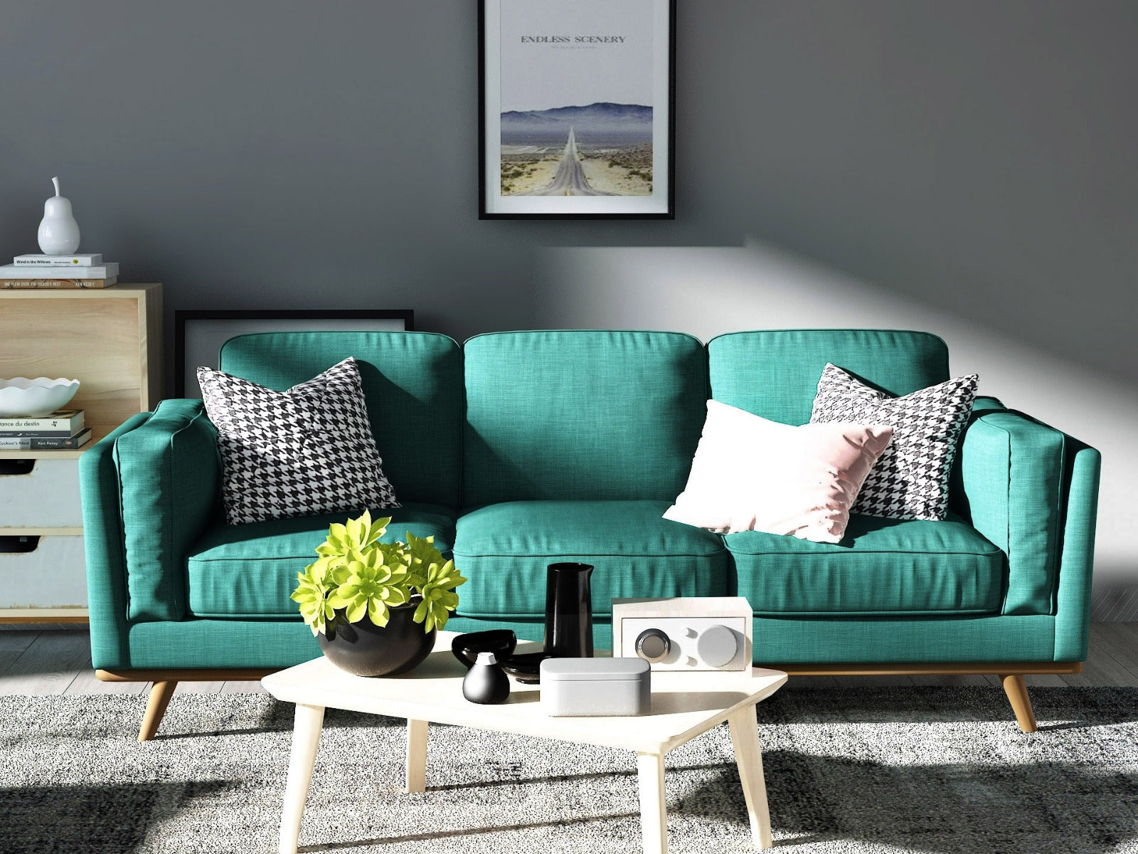 Teal 3 Seater Sofa, Linen Upholstered, Wooden Frame