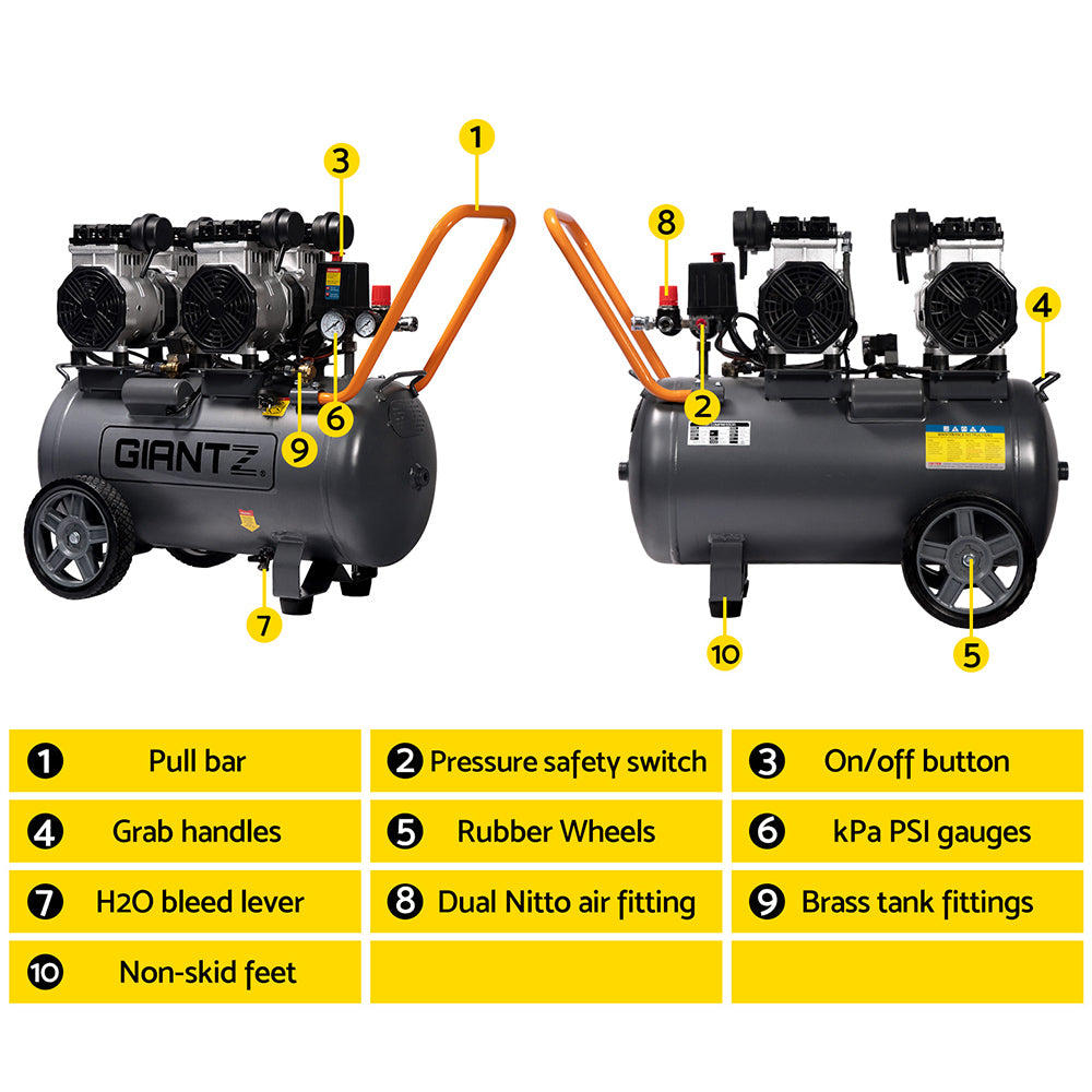 Giantz 50L Air Compressor 3.0HP Oil-Free Quiet Electric Portable