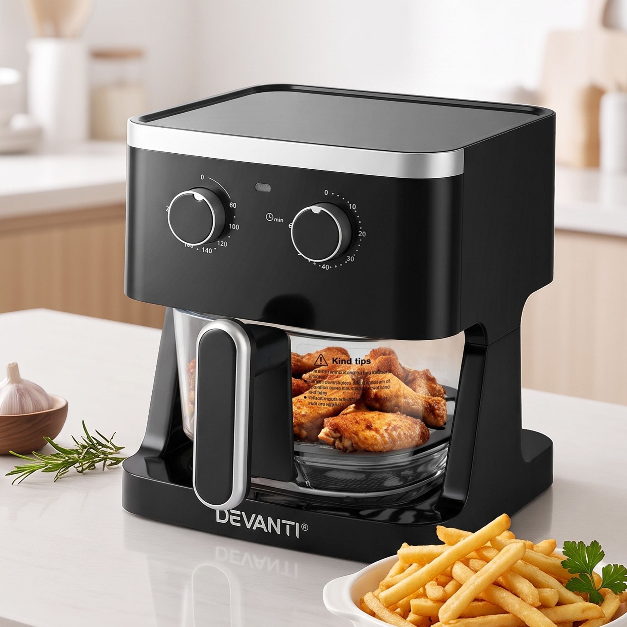 Devanti 4.5L Glass Air Fryer Kitchen Oven Knob Control 1350W Healthy Cooker Black