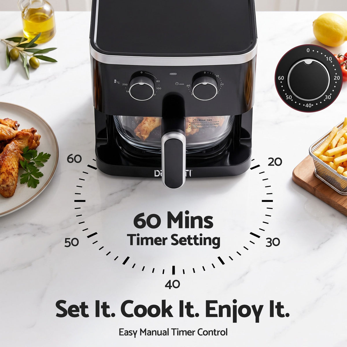 Devanti 4.5L Glass Air Fryer Dual Knob Control 1350W Black