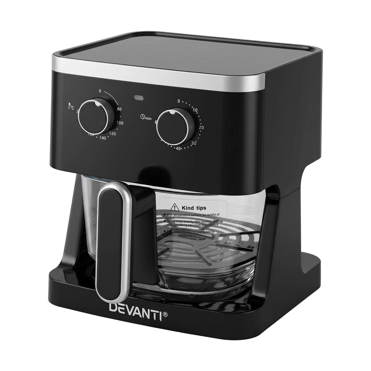 Devanti 4.5L Glass Air Fryer Dual Knob Control 1350W Black