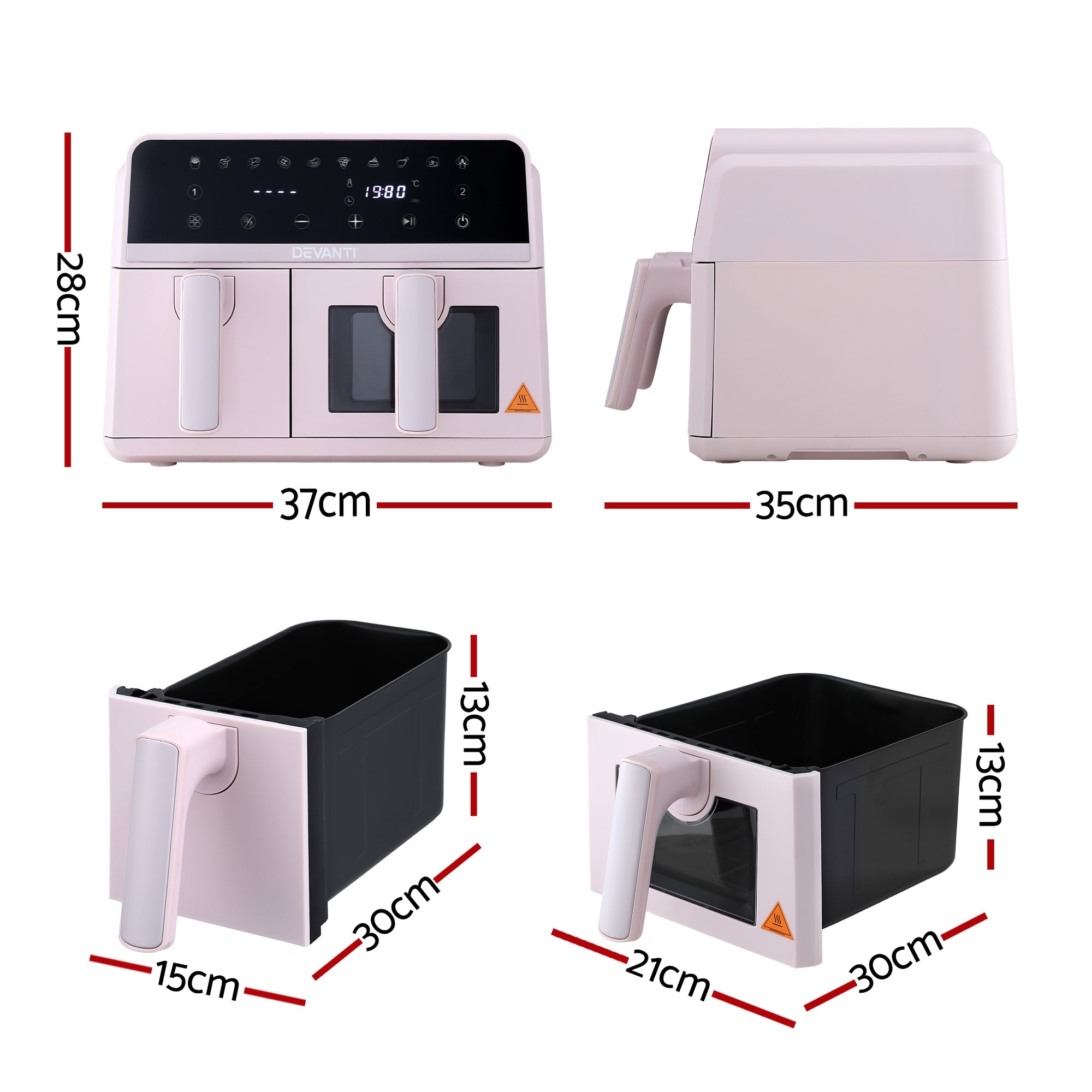 Devanti Air Fryer 9L Dual Zone Fryers 2600W Pink