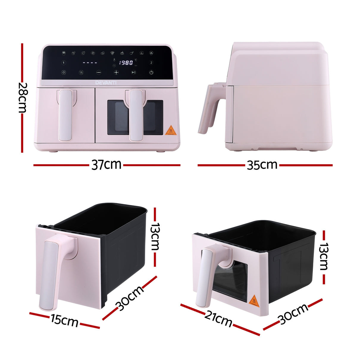 Devanti 9L Dual Zone Air Fryer with 3.5L and 5.5L Baskets Pink