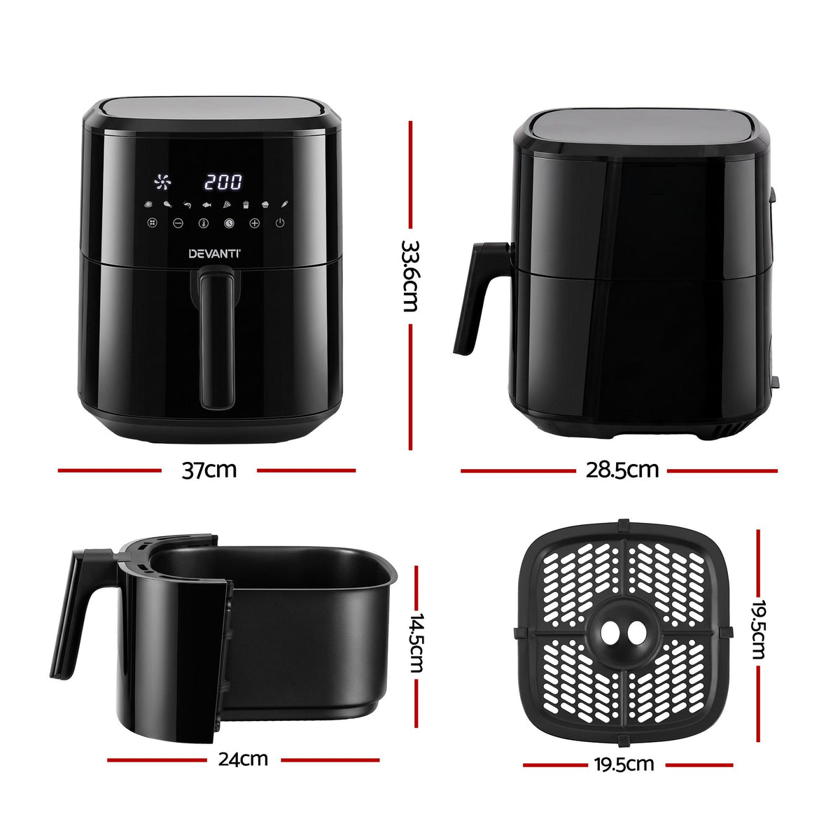 Devanti 6.5L 1700W Air Fryer with Digital Touch Control, Black