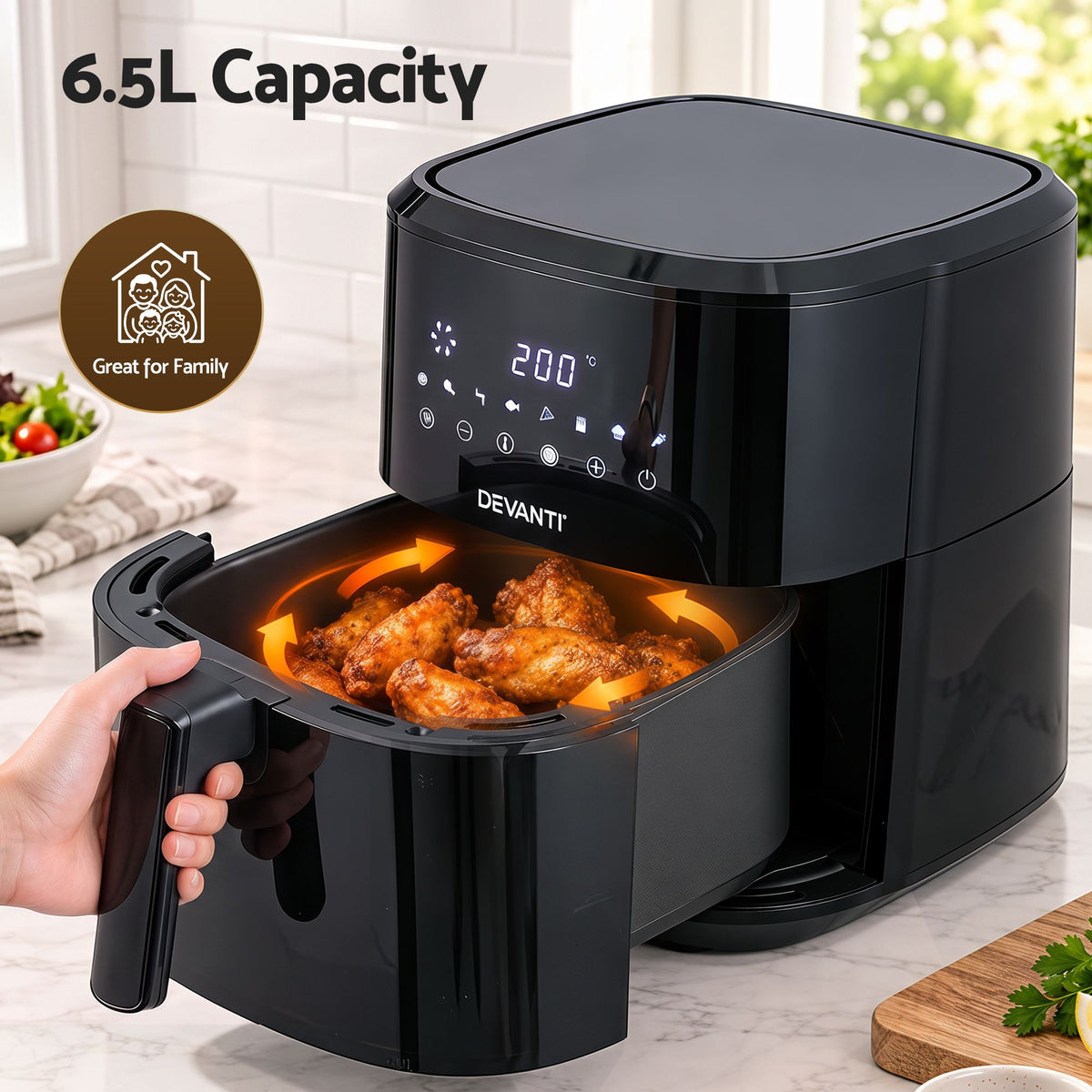 Devanti 6.5L 1700W Air Fryer with Digital Touch Control, Black