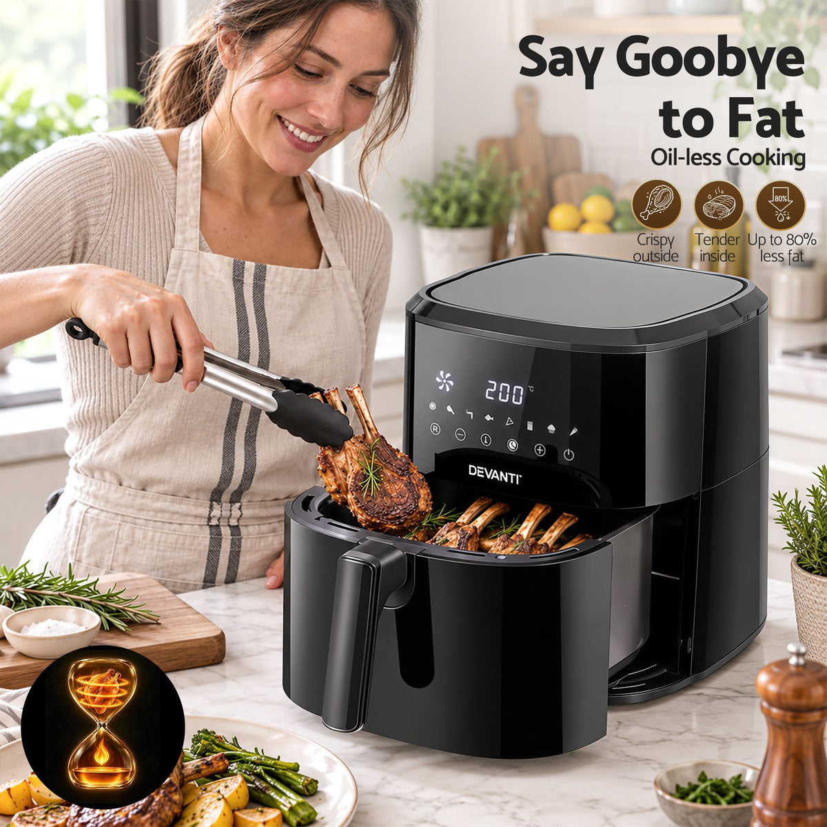 Devanti 6.5L 1700W Air Fryer with Digital Touch Control, Black
