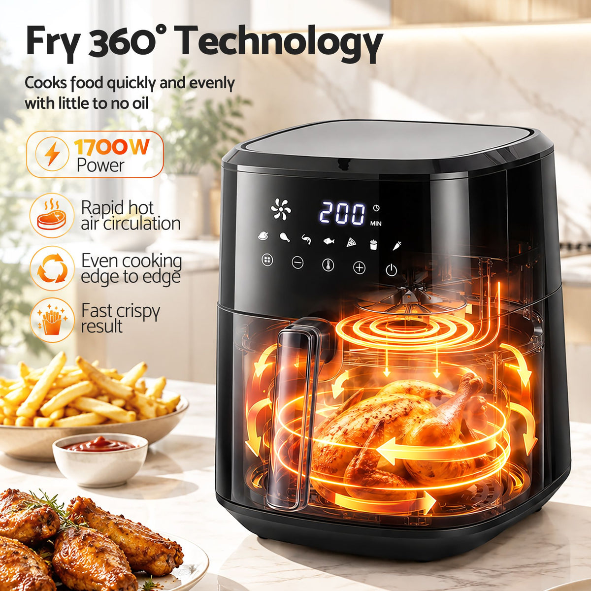 Devanti 6.5L 1700W Air Fryer with Digital Touch Control, Black