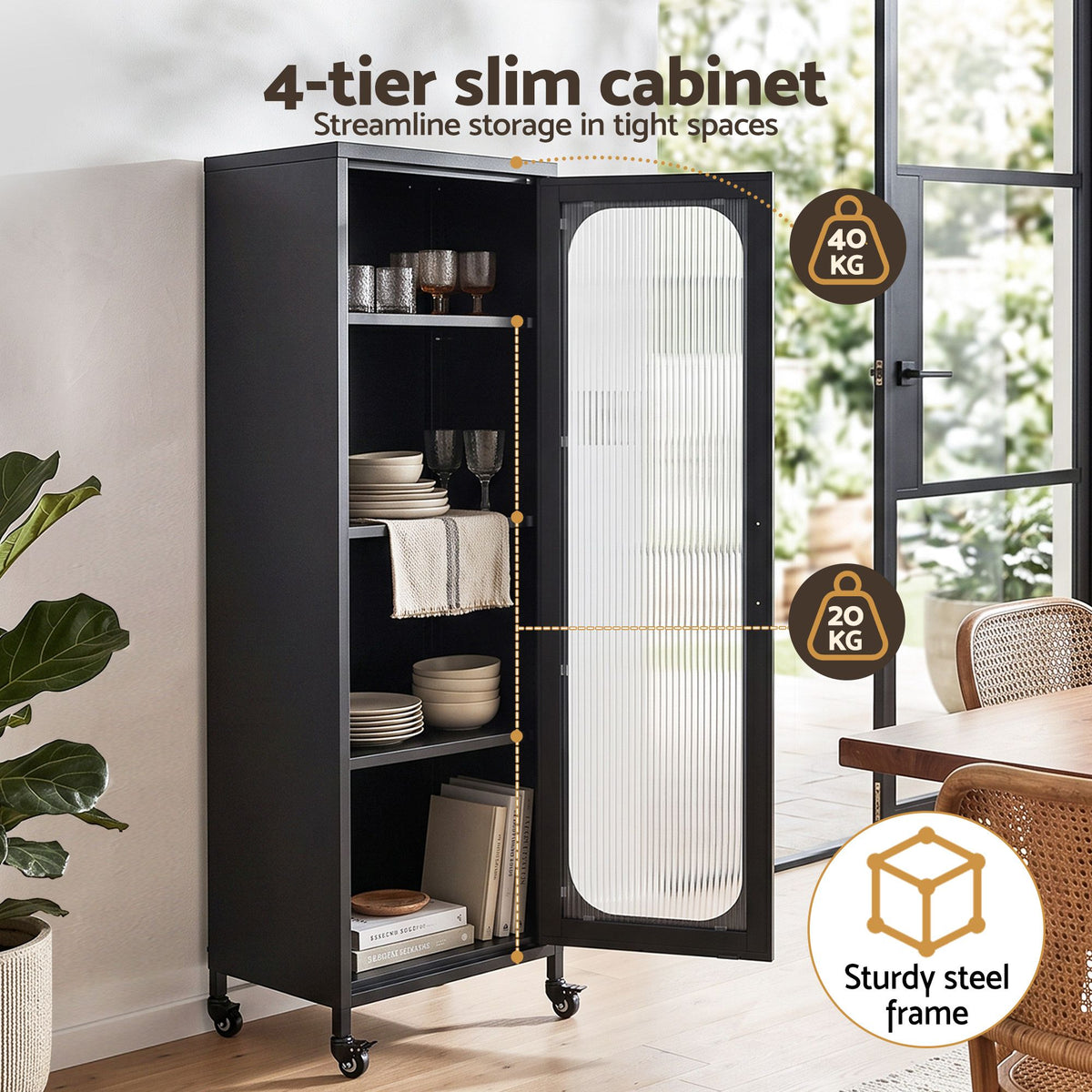 Artiss Slim Buffet Sideboard Kitchen Cabinet with Wheels Black