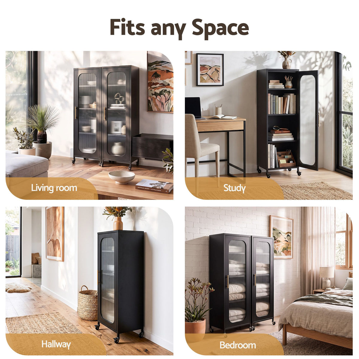 Artiss Slim Buffet Sideboard Kitchen Cabinet with Wheels Black