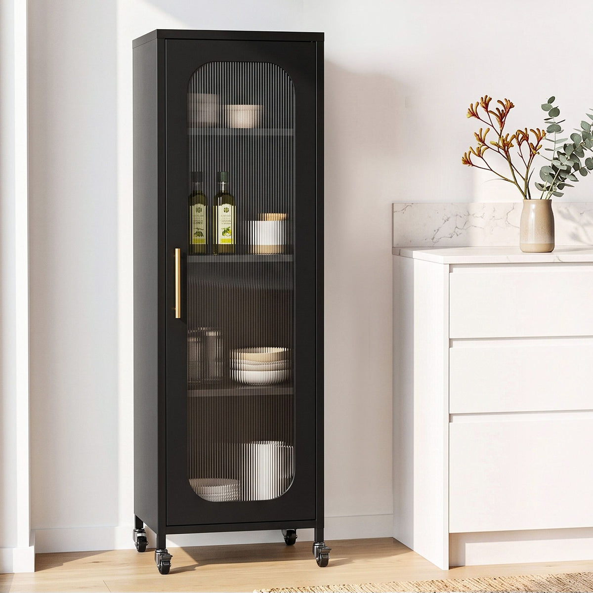 Artiss Slim Buffet Sideboard Kitchen Cabinet with Wheels Black