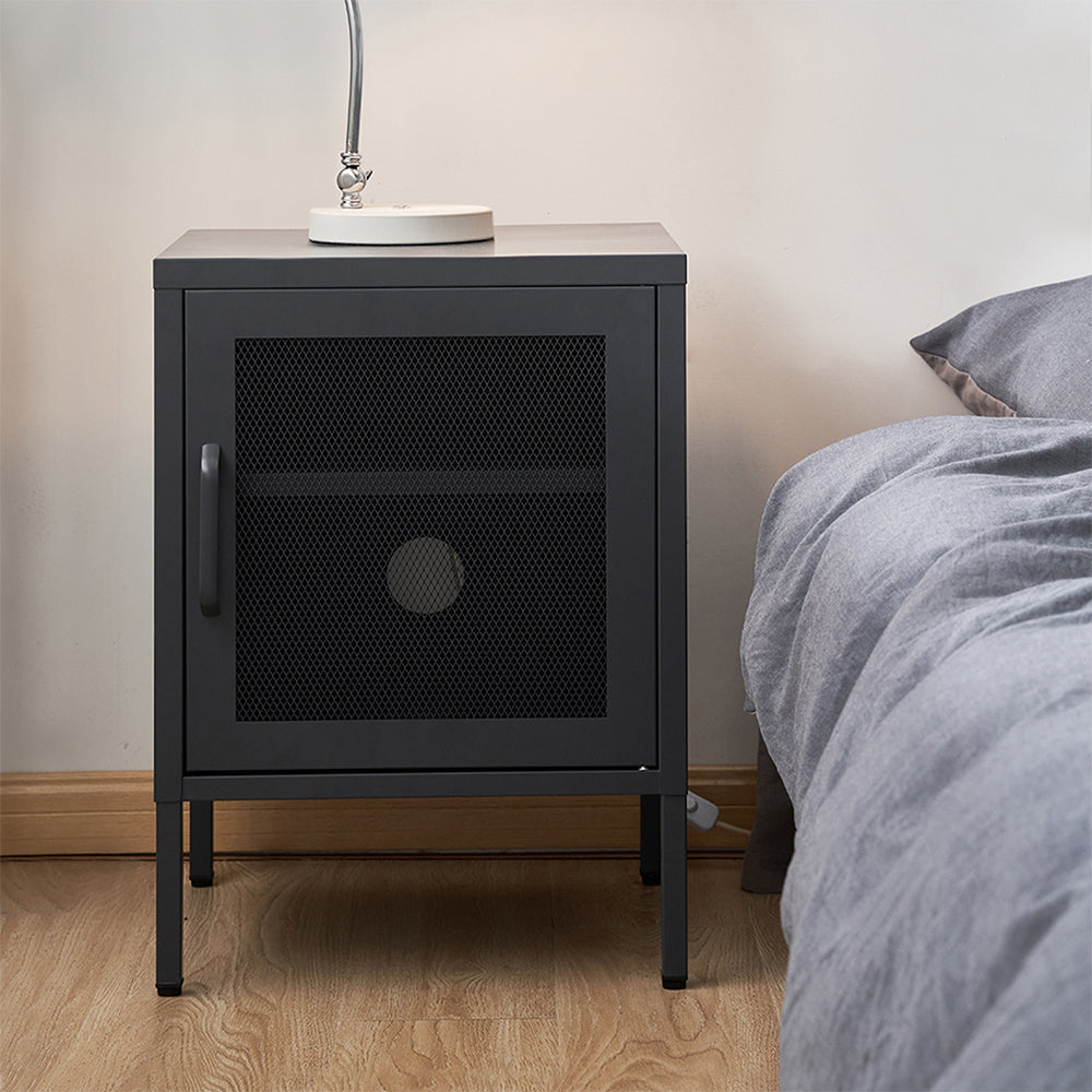 ArtissIn Bedside Table Mesh Door Cabinet Black