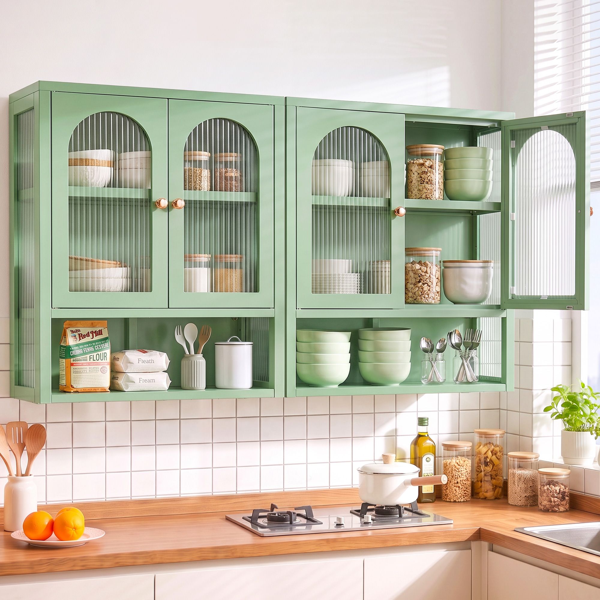 Artiss Buffet Cabinet Sideboards X2 Wall Mounted Fluted Display Storage Green