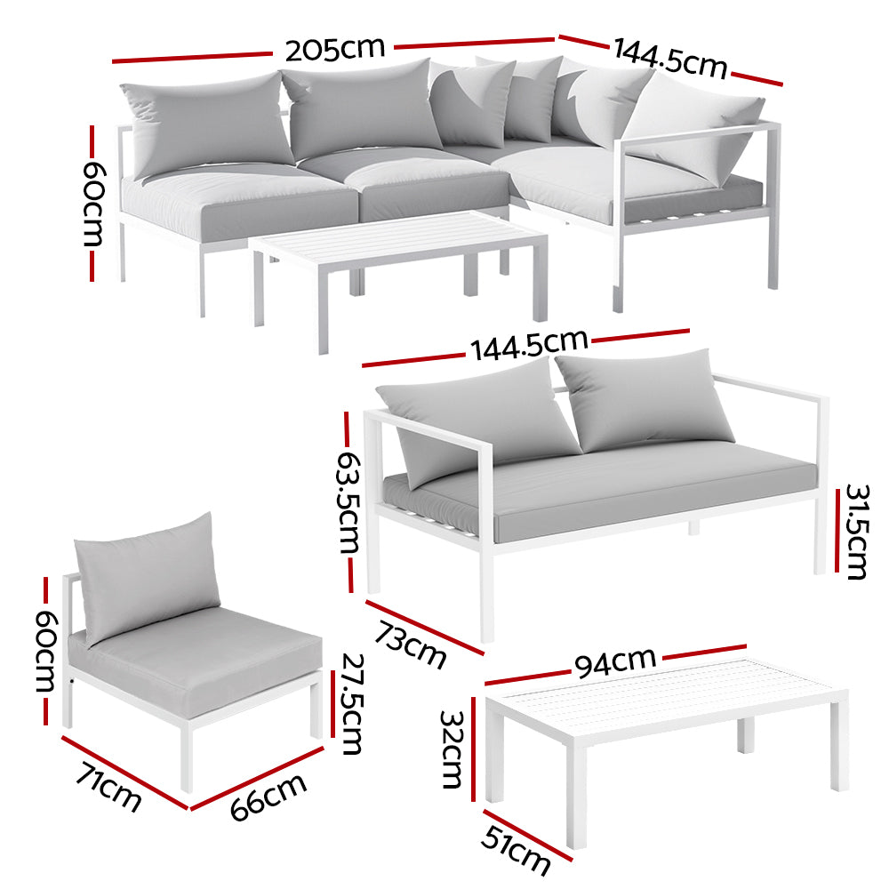 Gardeon 4-Seater Aluminium Outdoor Sofa Set White Grey Cushions