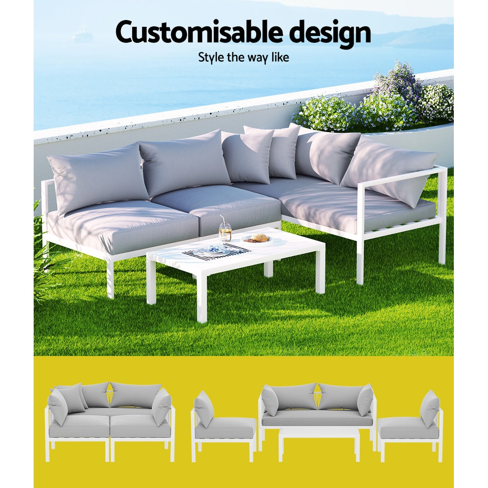 Gardeon 4-Seater Aluminium Outdoor Sofa Set White Grey Cushions