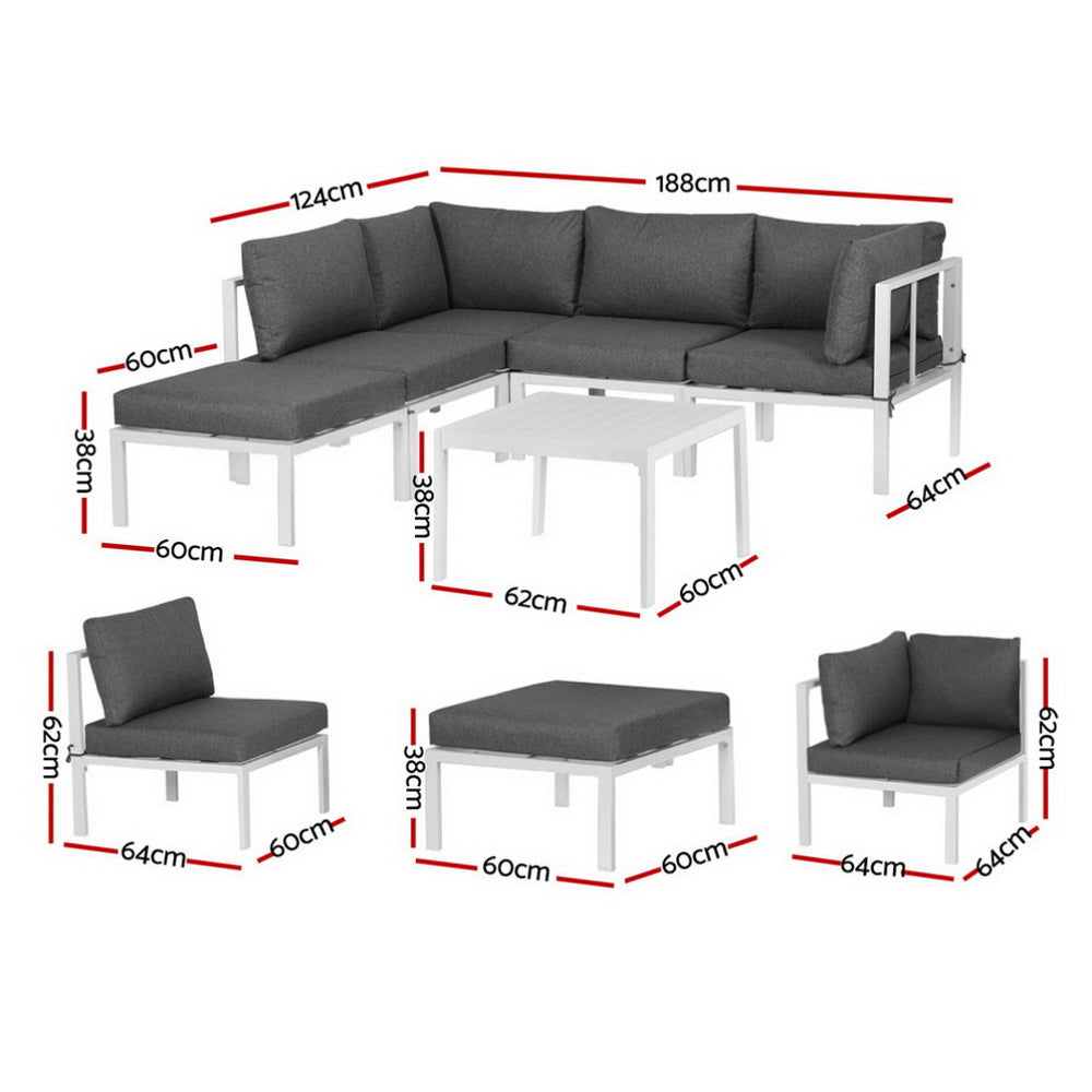 Gardeon 6-Piece Outdoor Sofa Set Aluminium White Grey Cushions