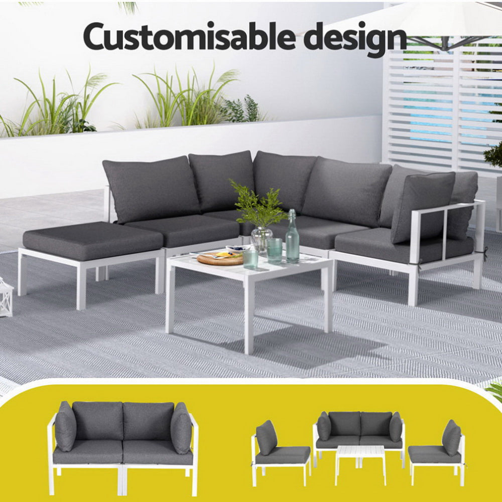Gardeon 6-Piece Outdoor Sofa Set Aluminium White Grey Cushions
