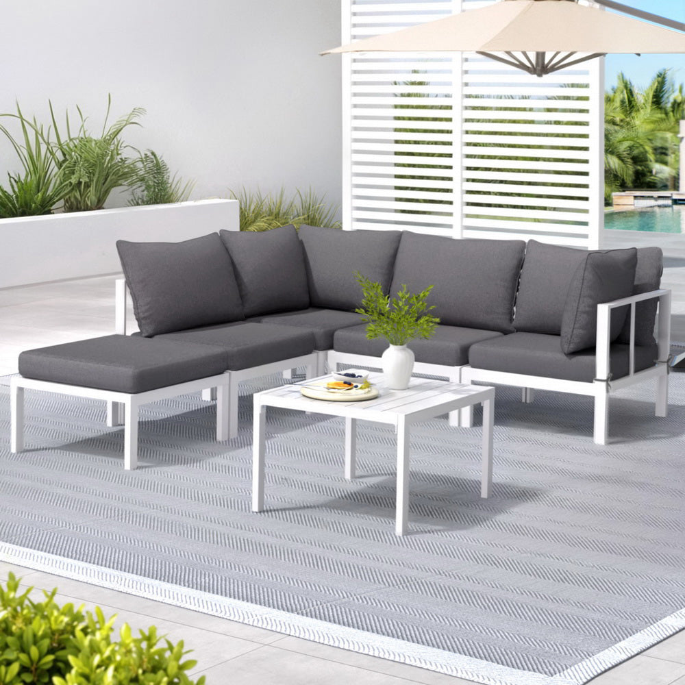Gardeon 6-Piece Outdoor Sofa Set Aluminium White Grey Cushions