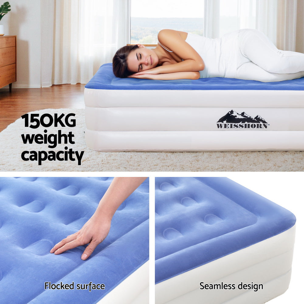 Weisshorn Single Air Mattress Inflatable Bed 46cm Cube with Built-in Pump