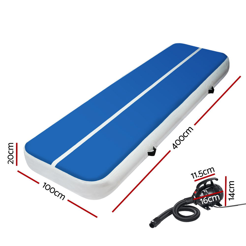 Everfit 4m Gymnastics Air Track Mat 20cm Inflatable Blue with Pump