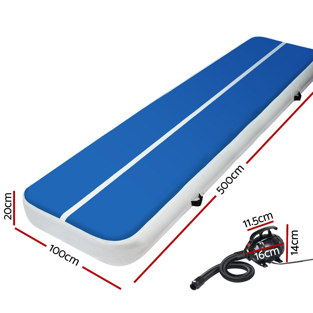 Everfit 5m Gymnastics Air Track Mat 20cm Inflatable Blue with Pump