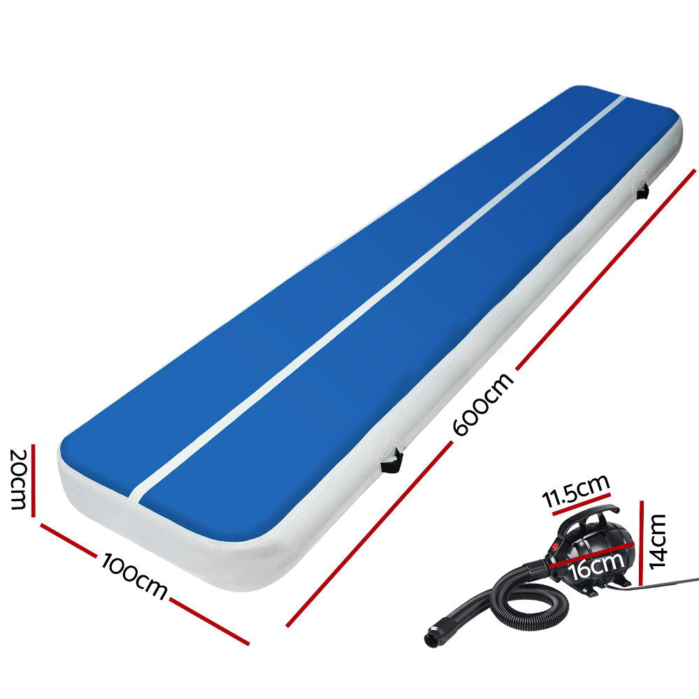 Everfit 6M Inflatable Air Track Mat 20CM Gymnastics Blue with Pump