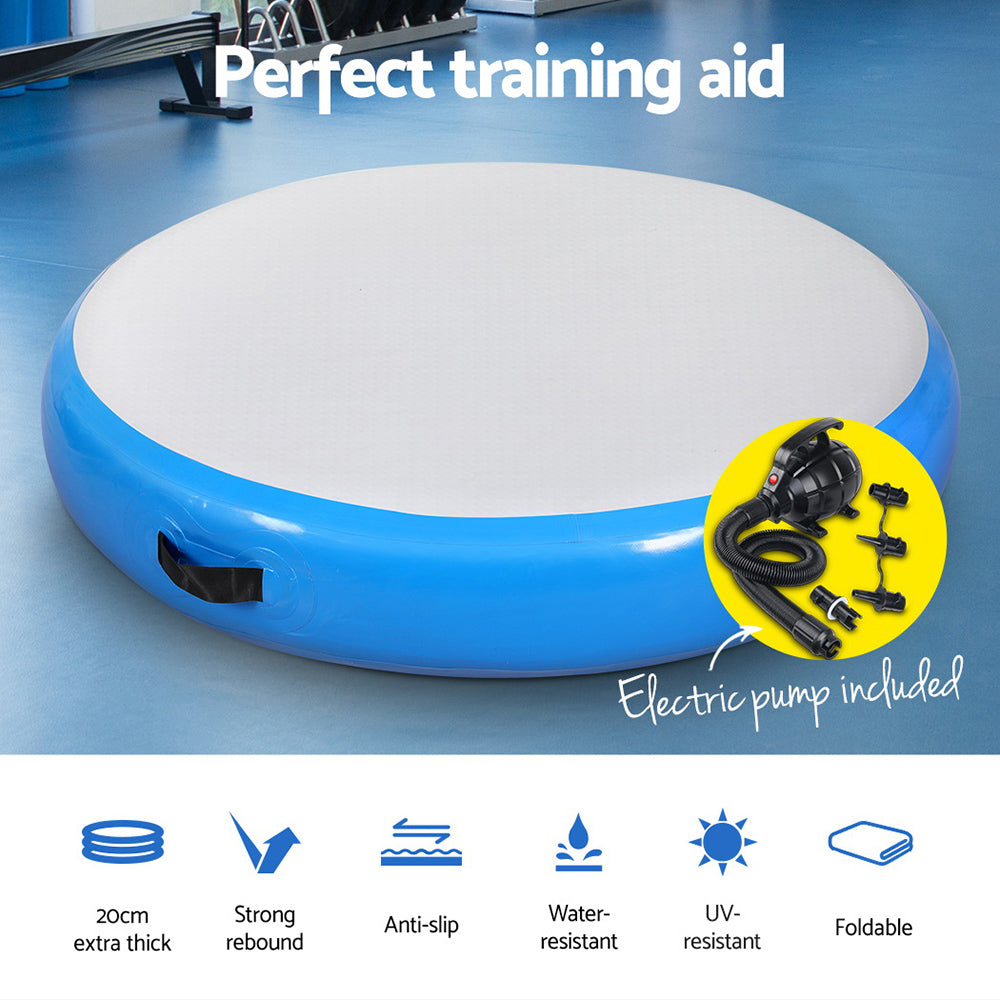 Everfit 1m Round Air Track Inflatable Gymnastics Mat Blue with Pump