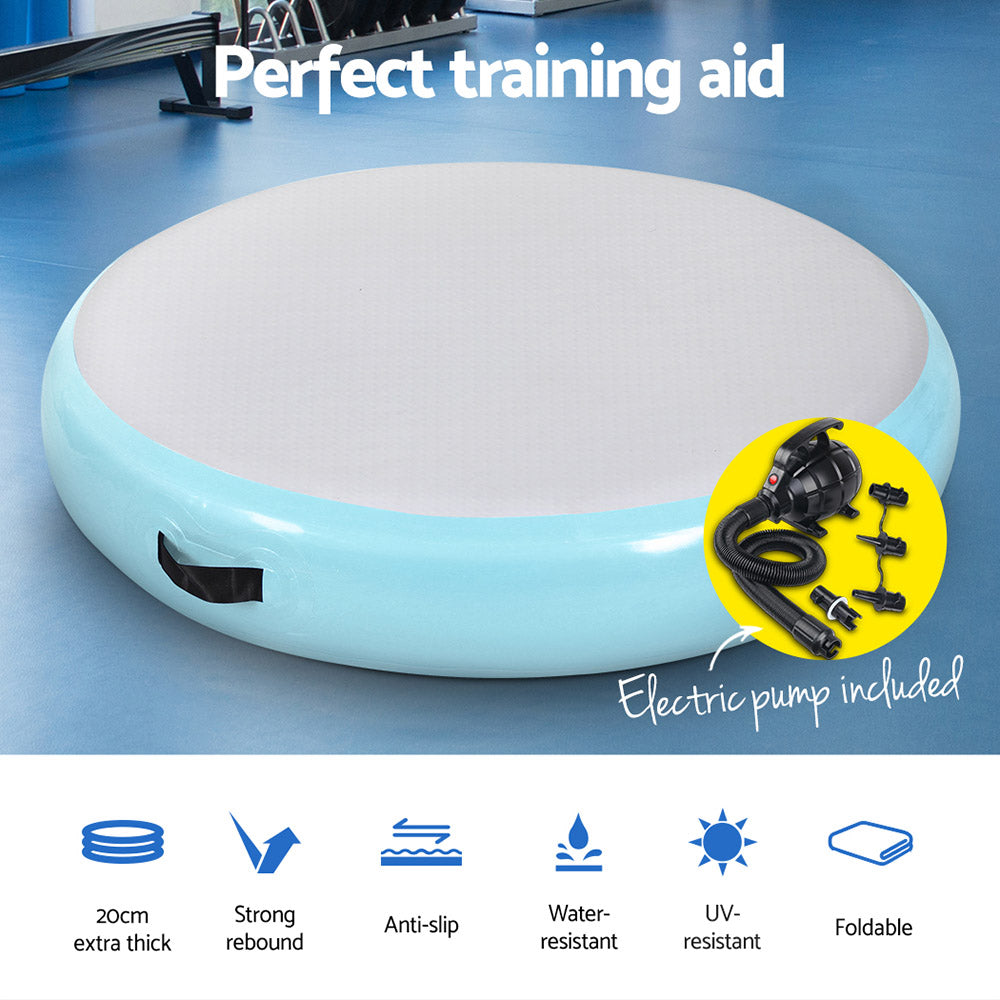 Everfit 1m Round Inflatable Gymnastics Air Track Mat Green with Pump