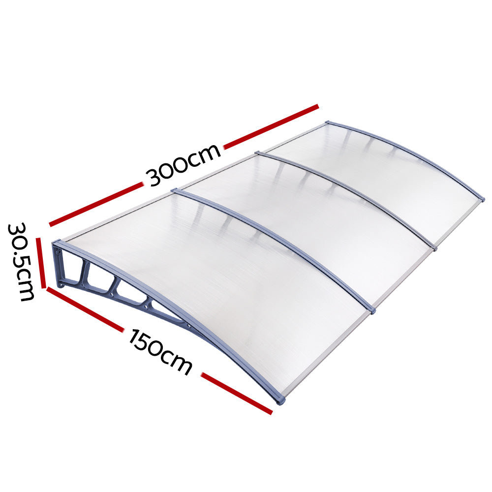 Instahut 1.5x3m Door Window Awning Canopy Transparent Grey