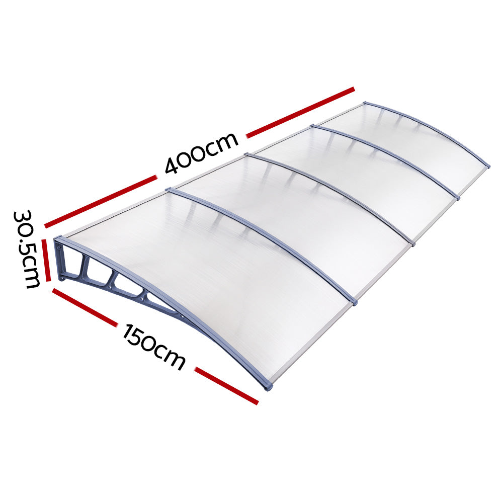 Instahut 1.5x4m Window Door Awning Canopy Transparent Grey Frame