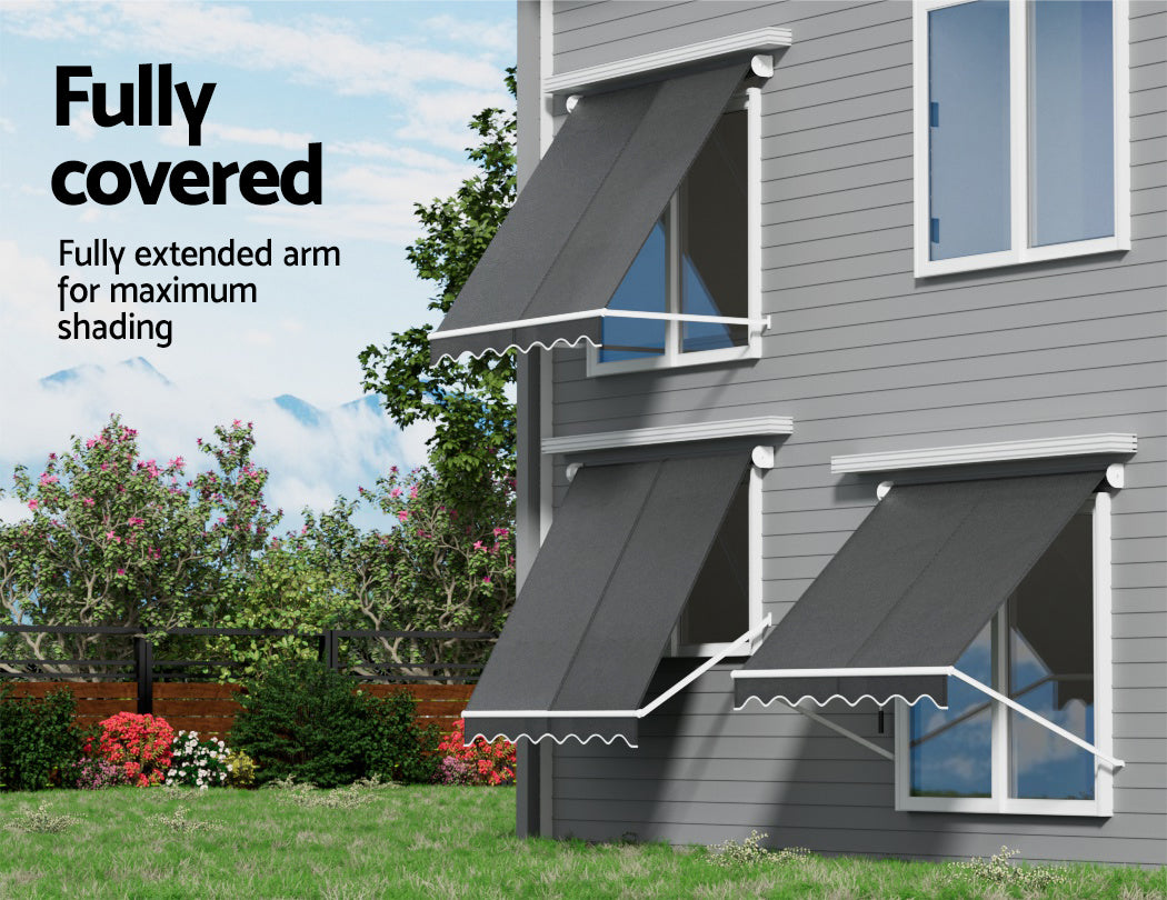 Instahut 2.1x2.1m Retractable Pivot Arm Window Awning Grey