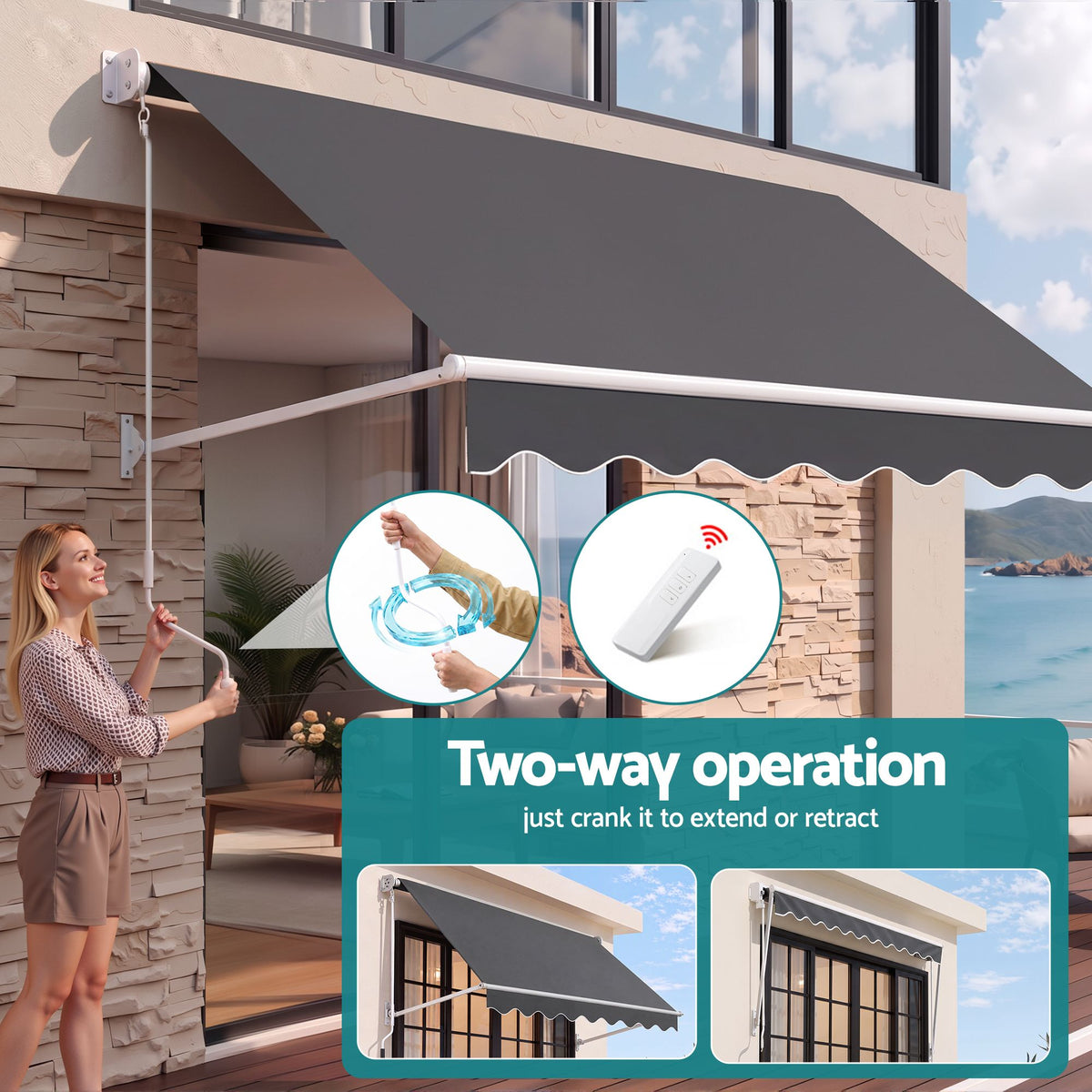 Instahut Motorised Pivot Arm Awning Window Sun Shade 2.4 X 2.1M Grey
