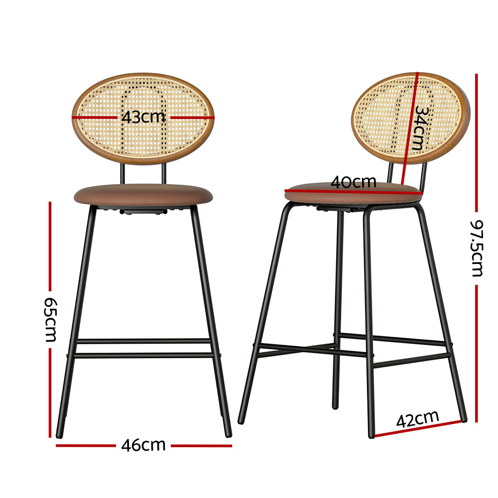 Raye Set of 2 Bar Stools PU Leather Rattan Back Brown