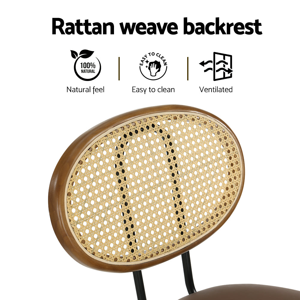 Raye Set of 2 Bar Stools PU Leather Rattan Back Brown