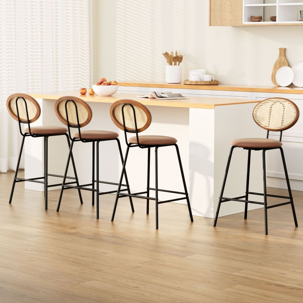 Raye Set of 4 Bar Stools PU Leather Seat Brown