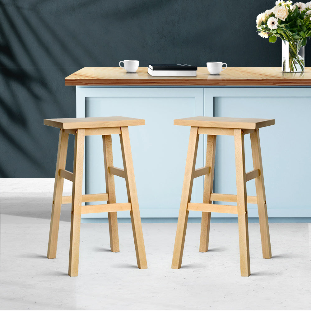 Solid Beech Wood Bar Stools with Footrest - Set of 2 - Artiss