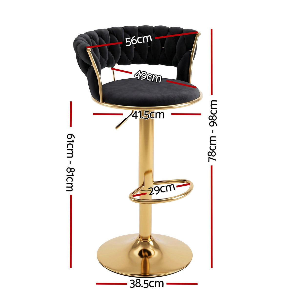 Artiss 2x Bar Stools Gas Lift Adjustable Velvet Woven Backrest Vivien Black
