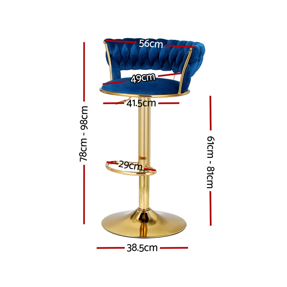 Vivien Bar Stool Gas Lift Velvet Woven Backrest Navy