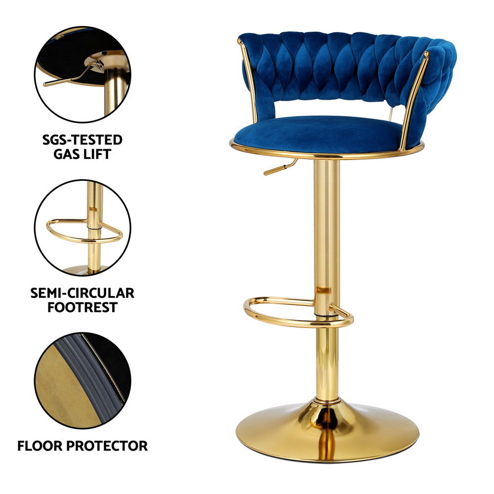 Navy Velvet Bar Stools with Woven Backrest, Height Adjustable