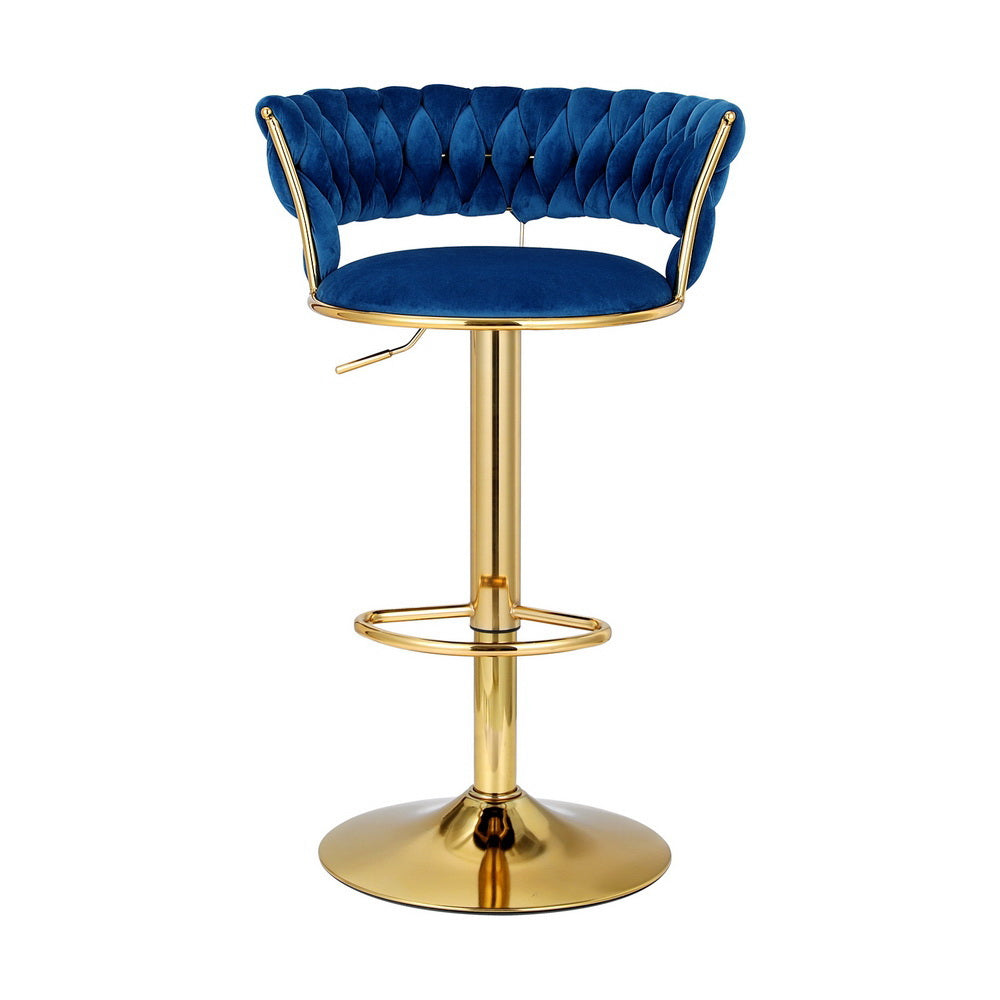 Vivien 2x Gas Lift Velvet Bar Stools Woven Backrest Navy