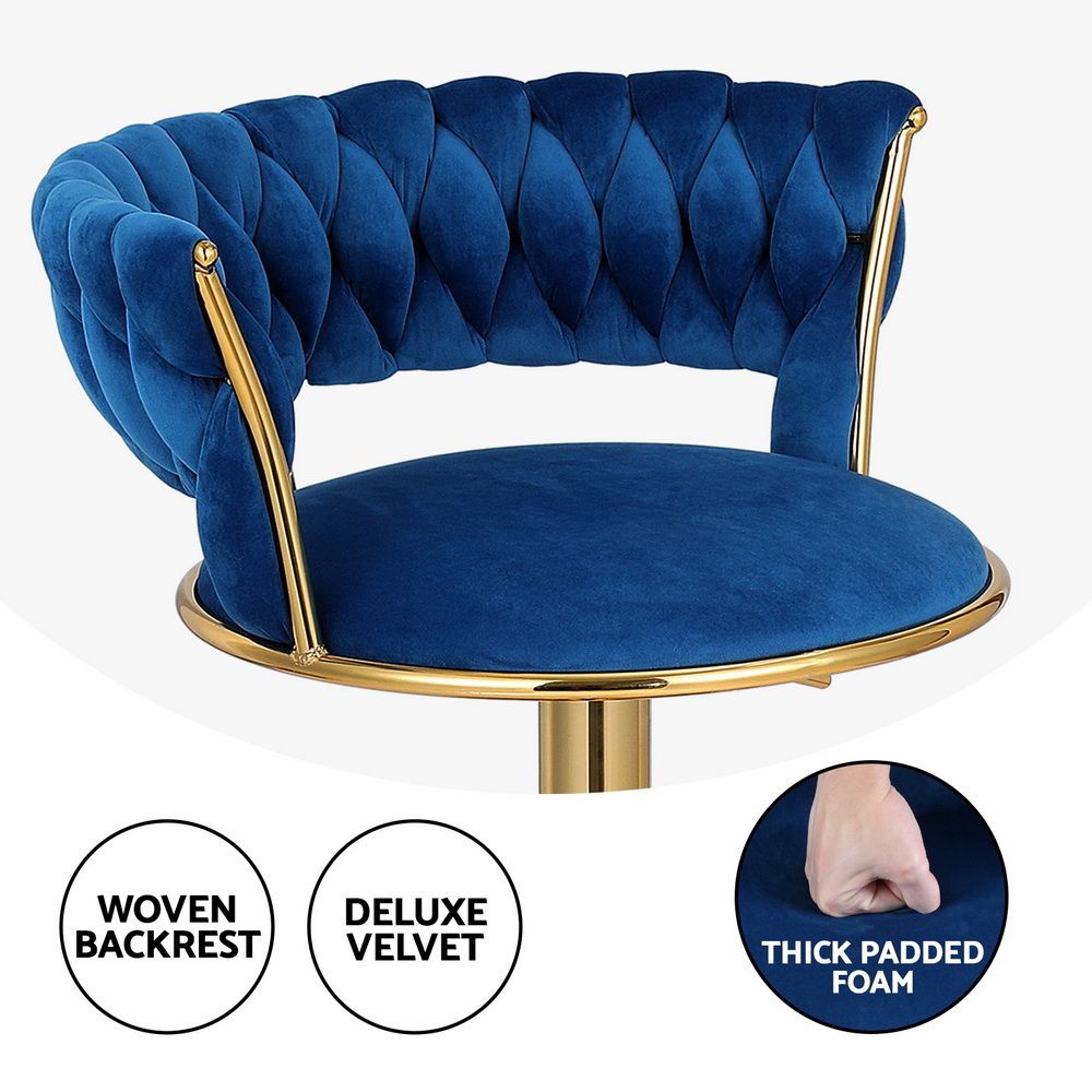 Artiss Bar Stools X3 Kitchen Counter Chair Gas Lift Velvet Woven Backrest Navy
