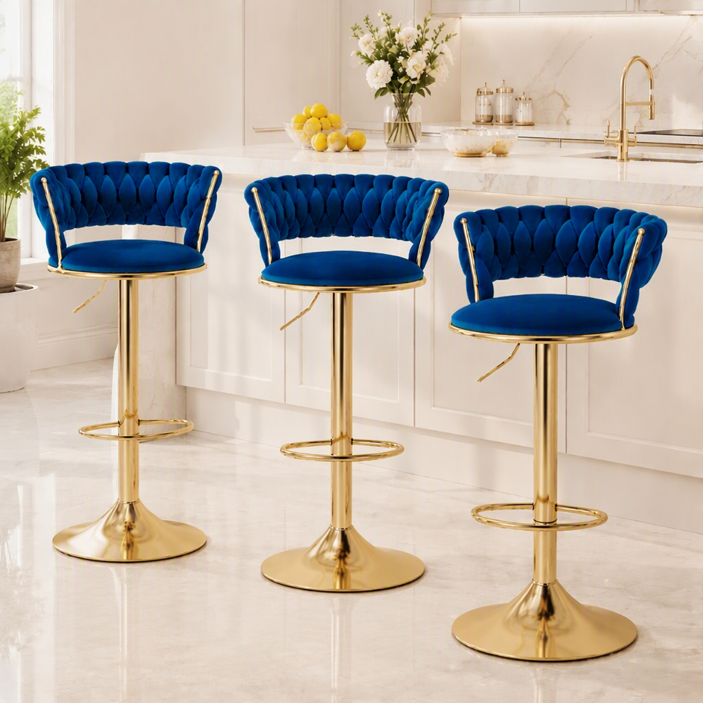 Artiss Bar Stools X3 Kitchen Counter Chair Gas Lift Velvet Woven Backrest Navy