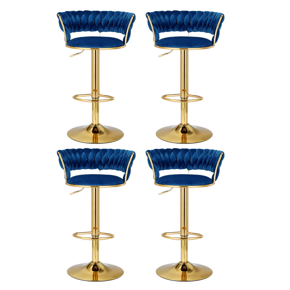 Vivien 4x Bar Stools Gas Lift Velvet Woven Backrest Navy