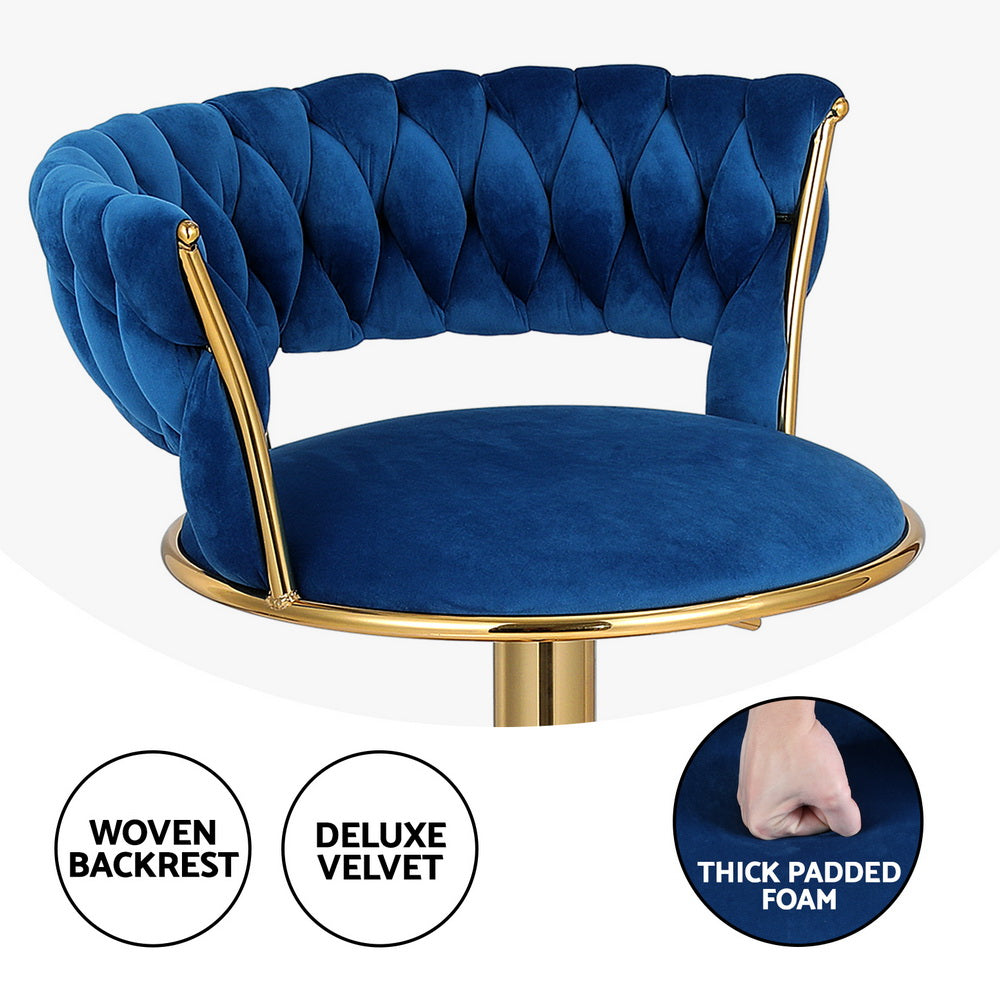 Vivien 4x Bar Stools Gas Lift Velvet Woven Backrest Navy