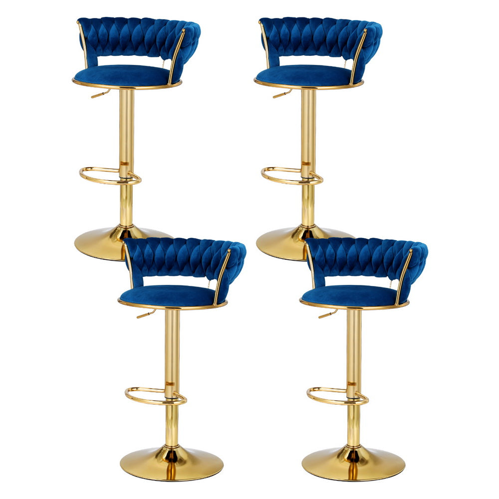 Vivien 4x Bar Stools Gas Lift Velvet Woven Backrest Navy