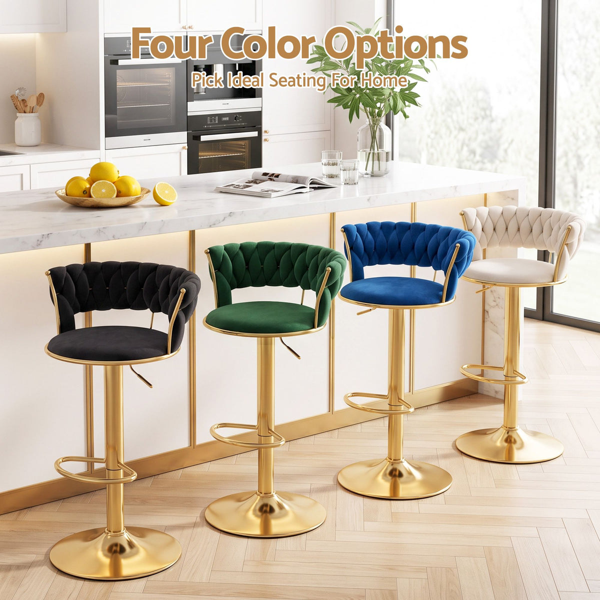Artiss 3x Bar Stools Gas Lift Adjustable Velvet Woven Backrest Vivien Green