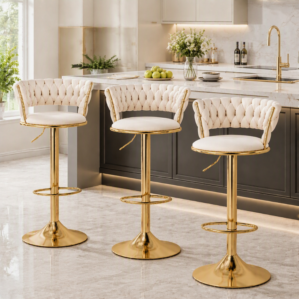 Artiss Bar Stools X3 Kitchen Counter Chair Gas Lift Velvet Woven Backrest Ivory