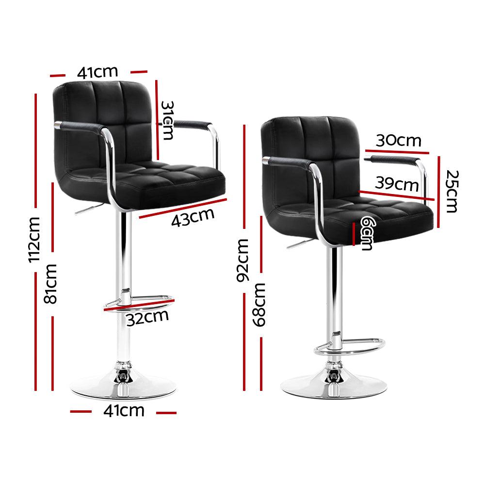 Black Leather Adjustable Bar Stools w/ Armrest, 2x - Artiss