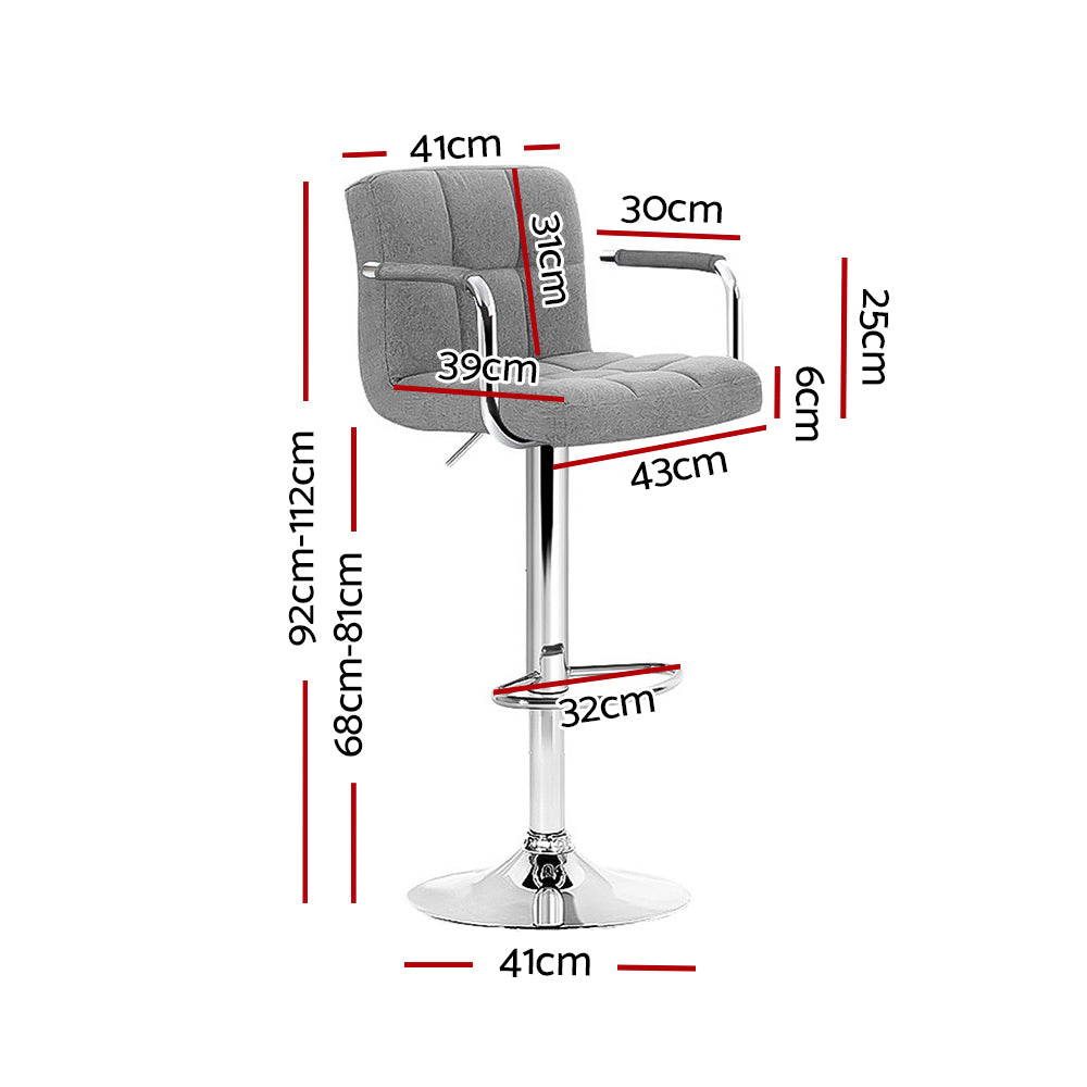 Grey Fabric Bar Stools w/Armrest, 360° Swivel - Artiss