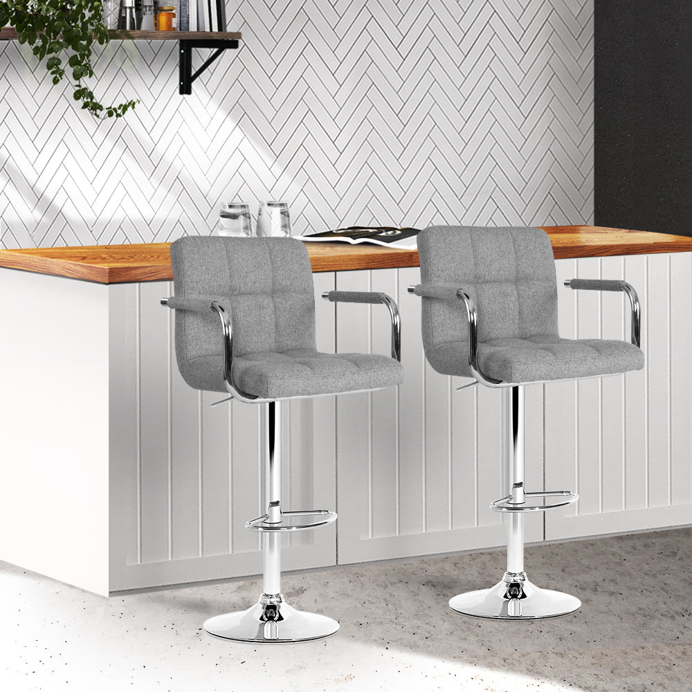 Grey Fabric Bar Stools w/Armrest, 360° Swivel - Artiss