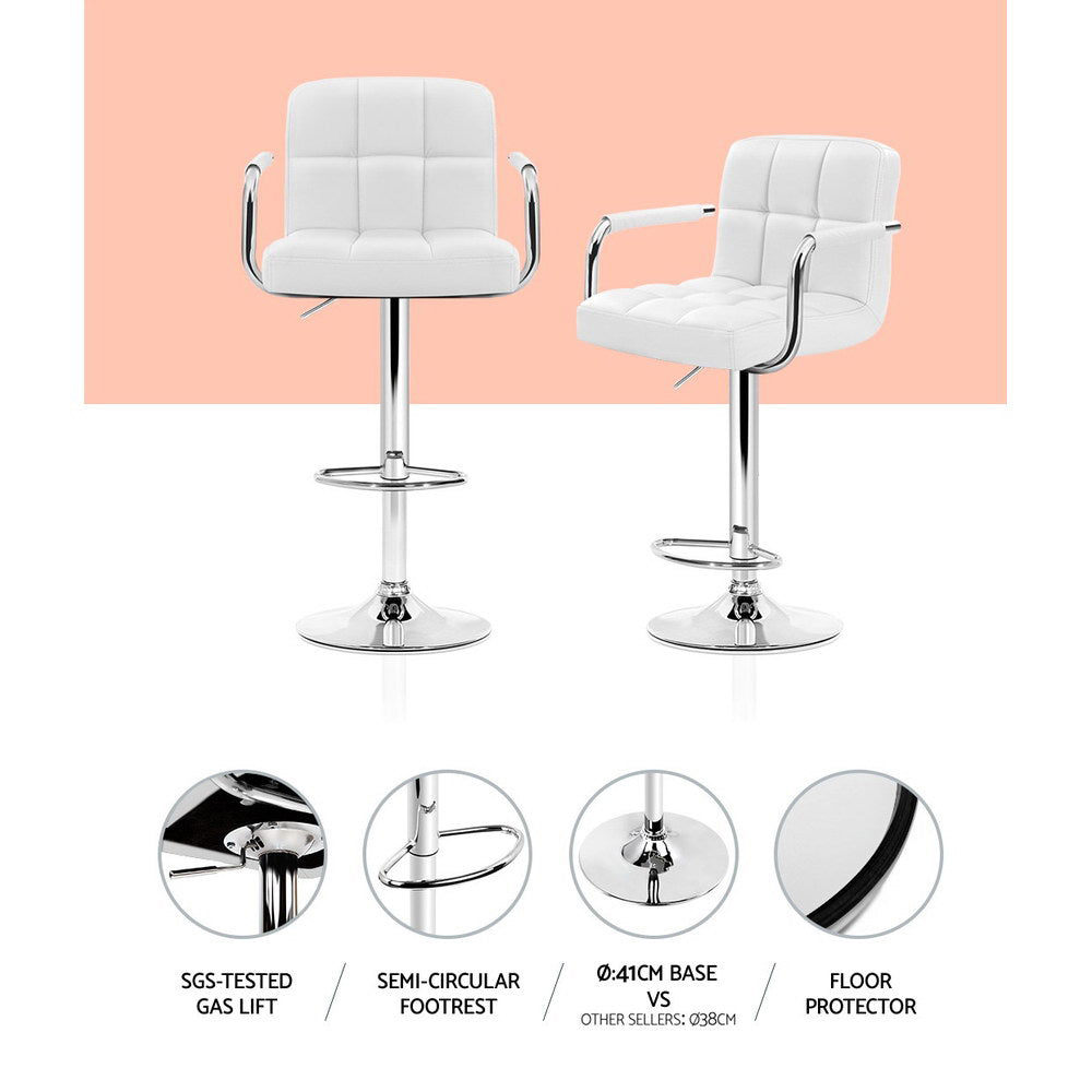 Artiss White Leather Bar Stools Gas Lift with Armrest (Set of 2)